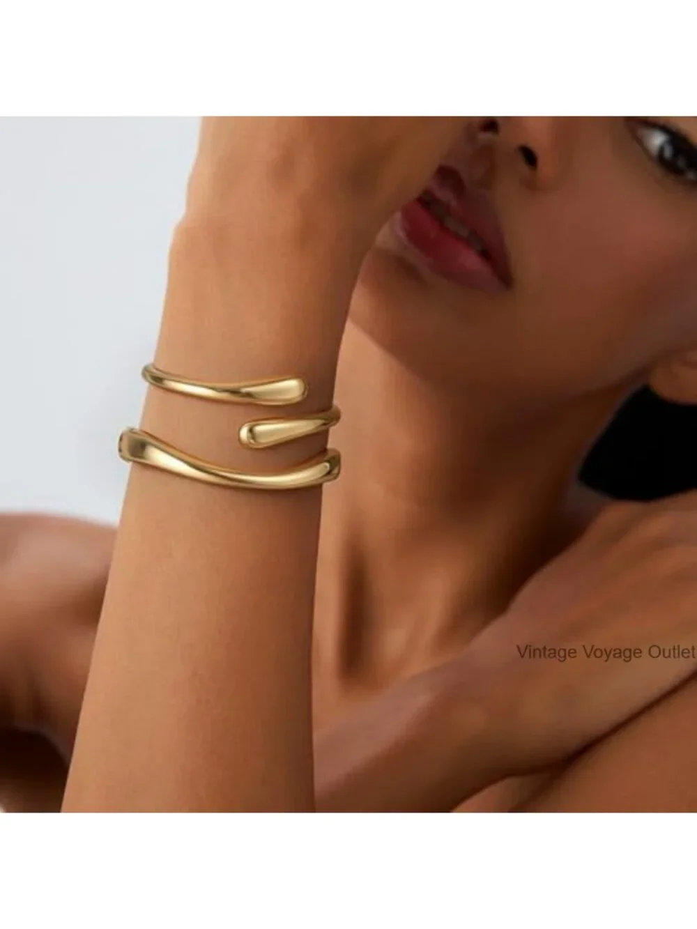 18K Gold Plated Bangle Bracelet Set Chunky Twist Cuff Non Tarnish Waterproof